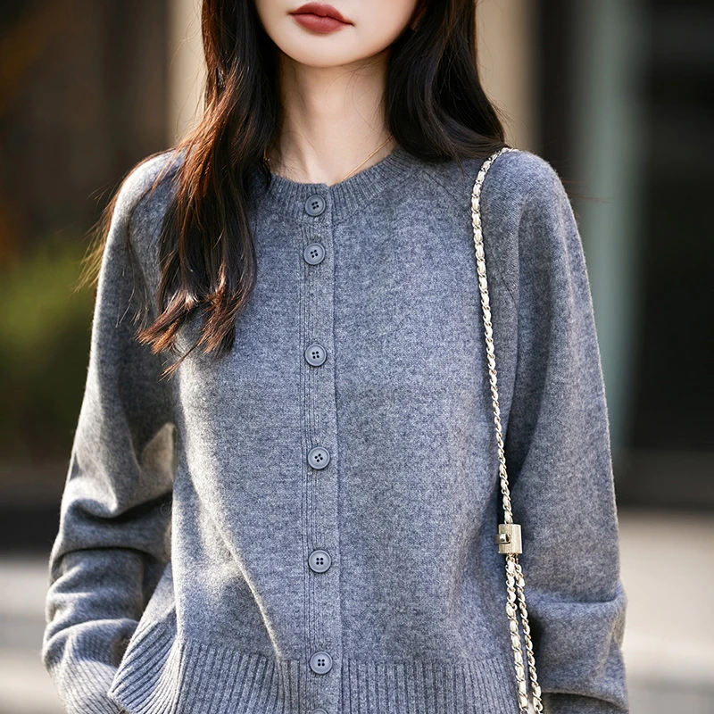 圆领针织衫女七针插肩开衫纯羊毛设计感高端轻奢毛衣外套长袖