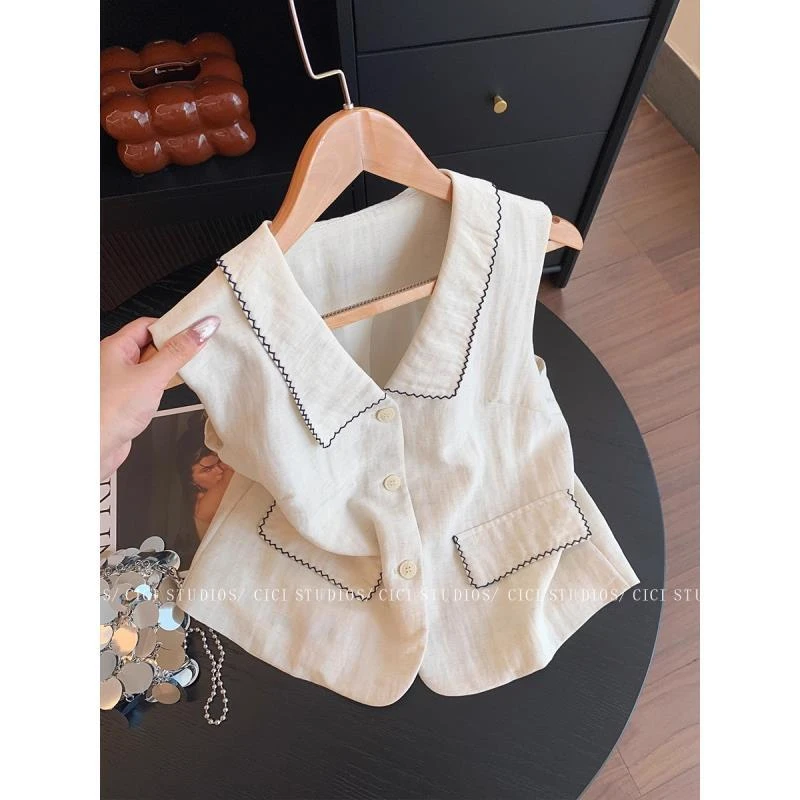 法式翻领无袖亚麻衬衫背心女夏季2025慵懒宽松气质休闲简约上衣