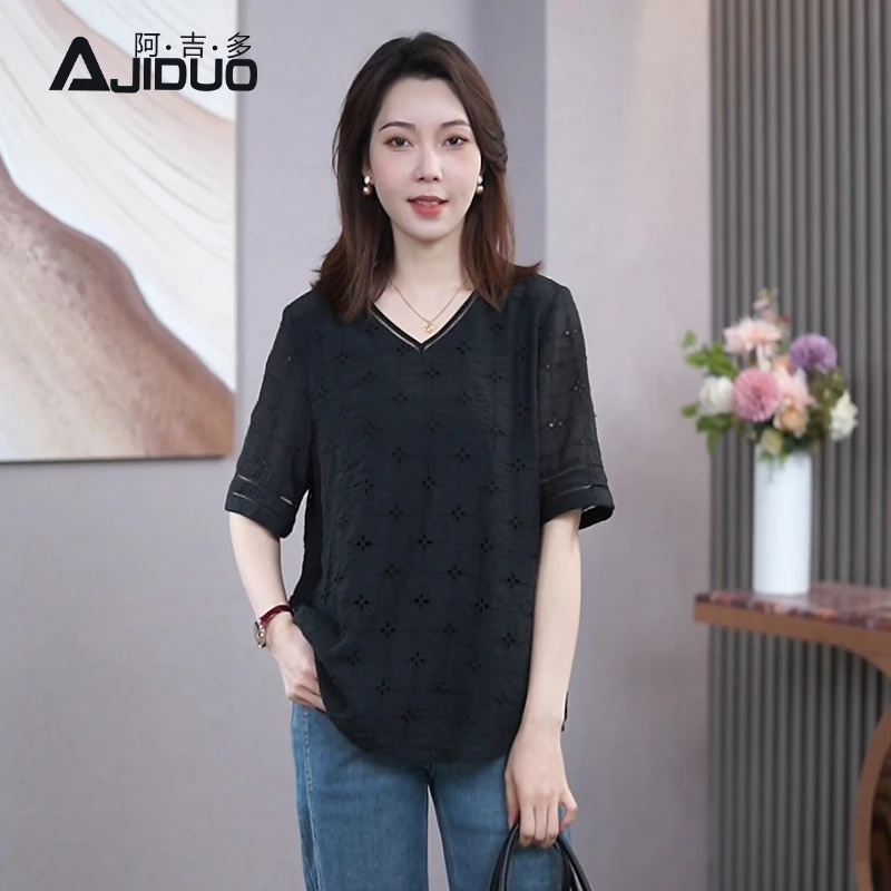 阿吉多A73557短袖t恤女2025新款夏季提花高级气质V领黑色大码上衣