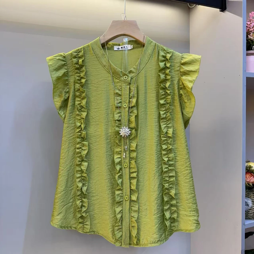 时尚夏新款大码女装立领木耳边高级感显瘦衬衫