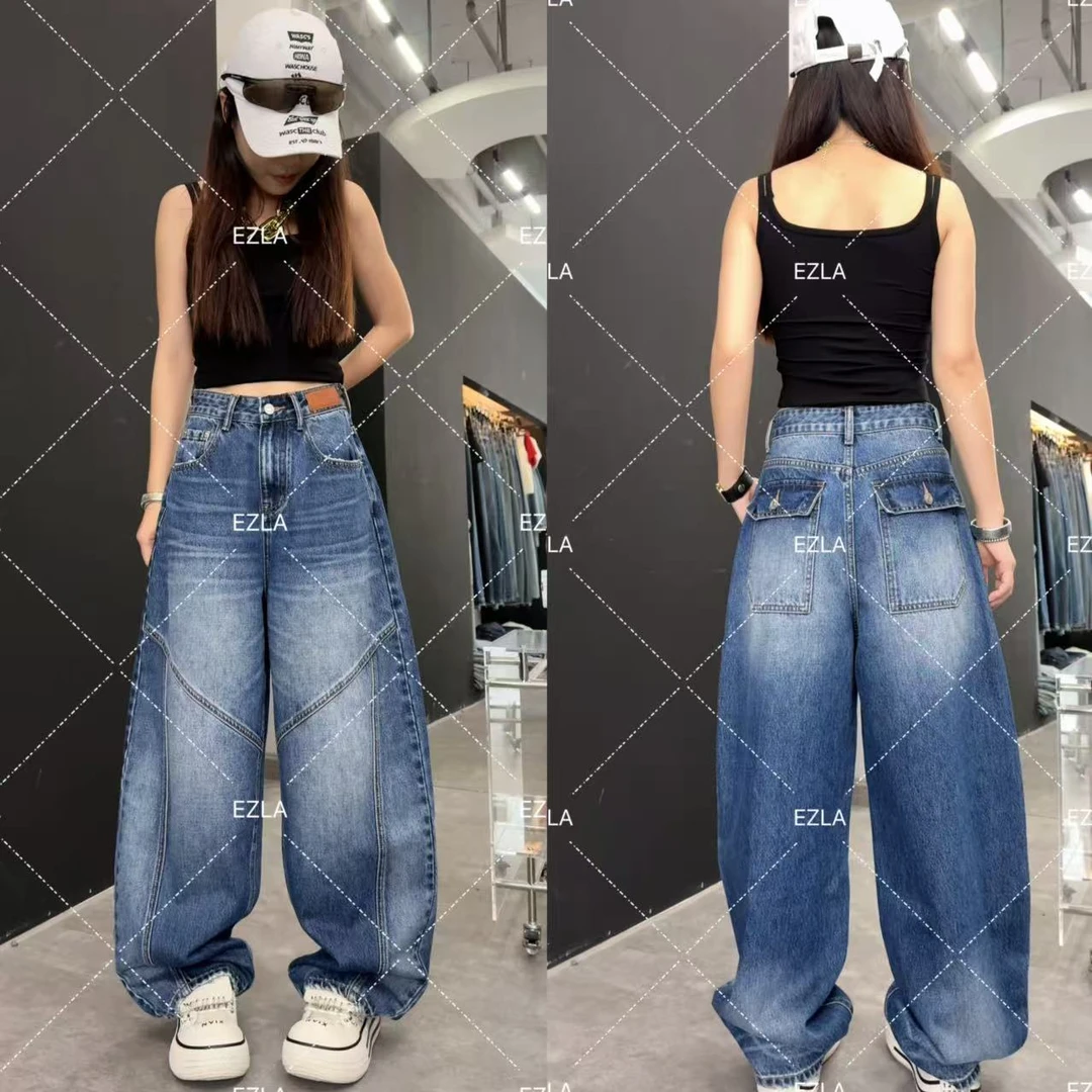 EZ8778新款2025弯刀裤小个子胖mm显瘦百搭宽松阔腿裤美式牛仔裤子