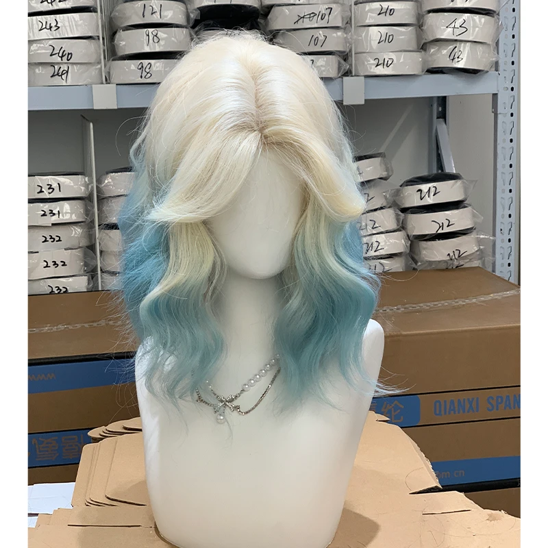 【全新无暇】假发女一字蕾丝蓝白渐变中分短卷发自然仿真人发全头套