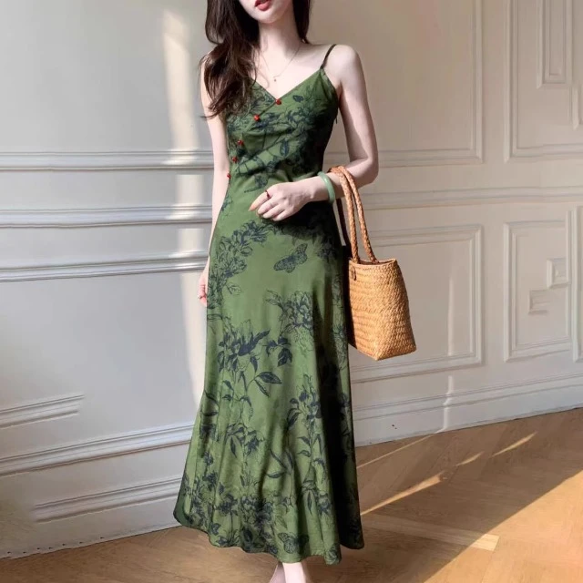 【商场同款】新款女装2025夏提花缎面吊带收腰a字包臀中长款连衣裙