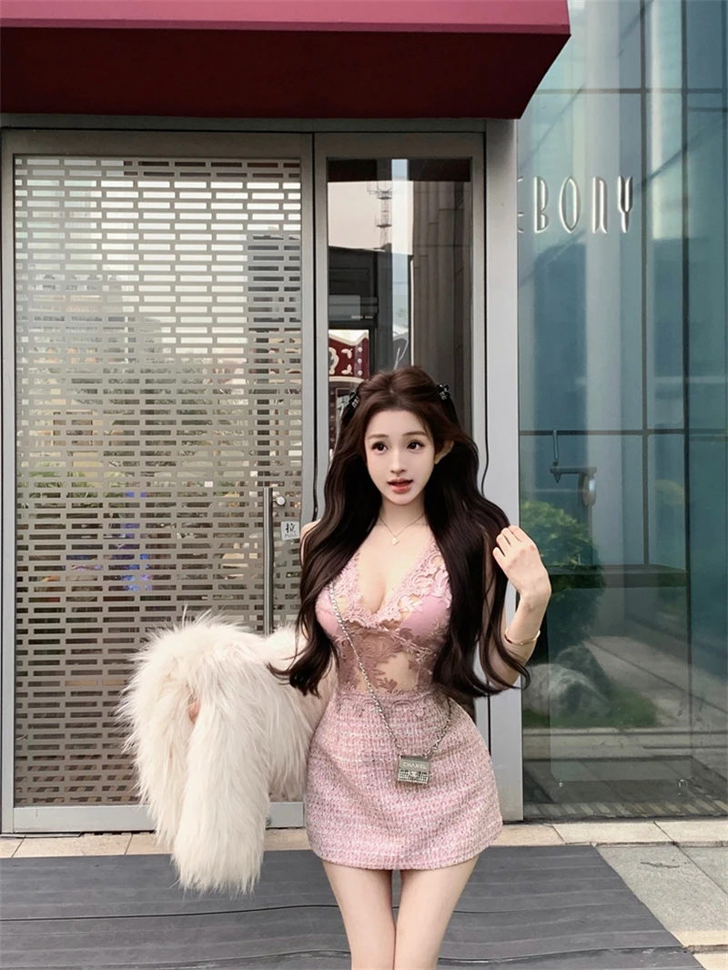 【初雪少女香】设计感纯欲辣妹V领双色小香拼接连衣裙女显瘦短裙子