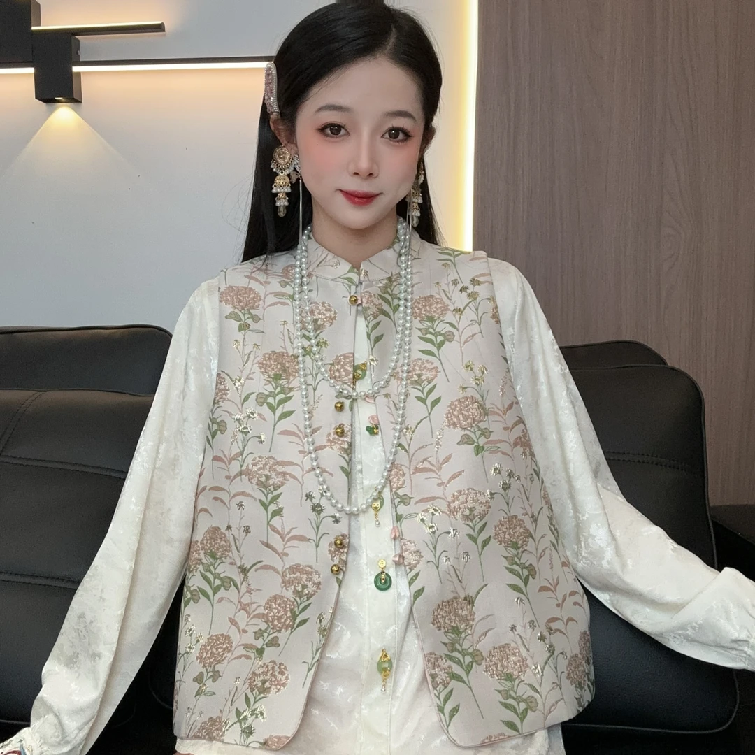 【繁花】春季新款新中式复古盘扣立领碎花两面穿背心马甲
