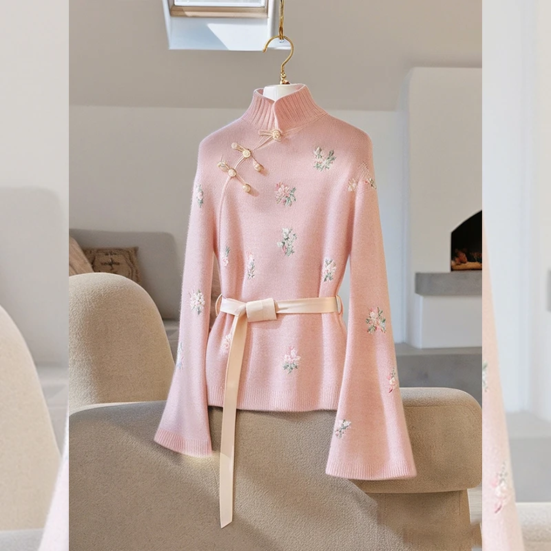 新中式轻国风粉色印花高领针织毛衣女春季高级感气质独特漂亮上衣