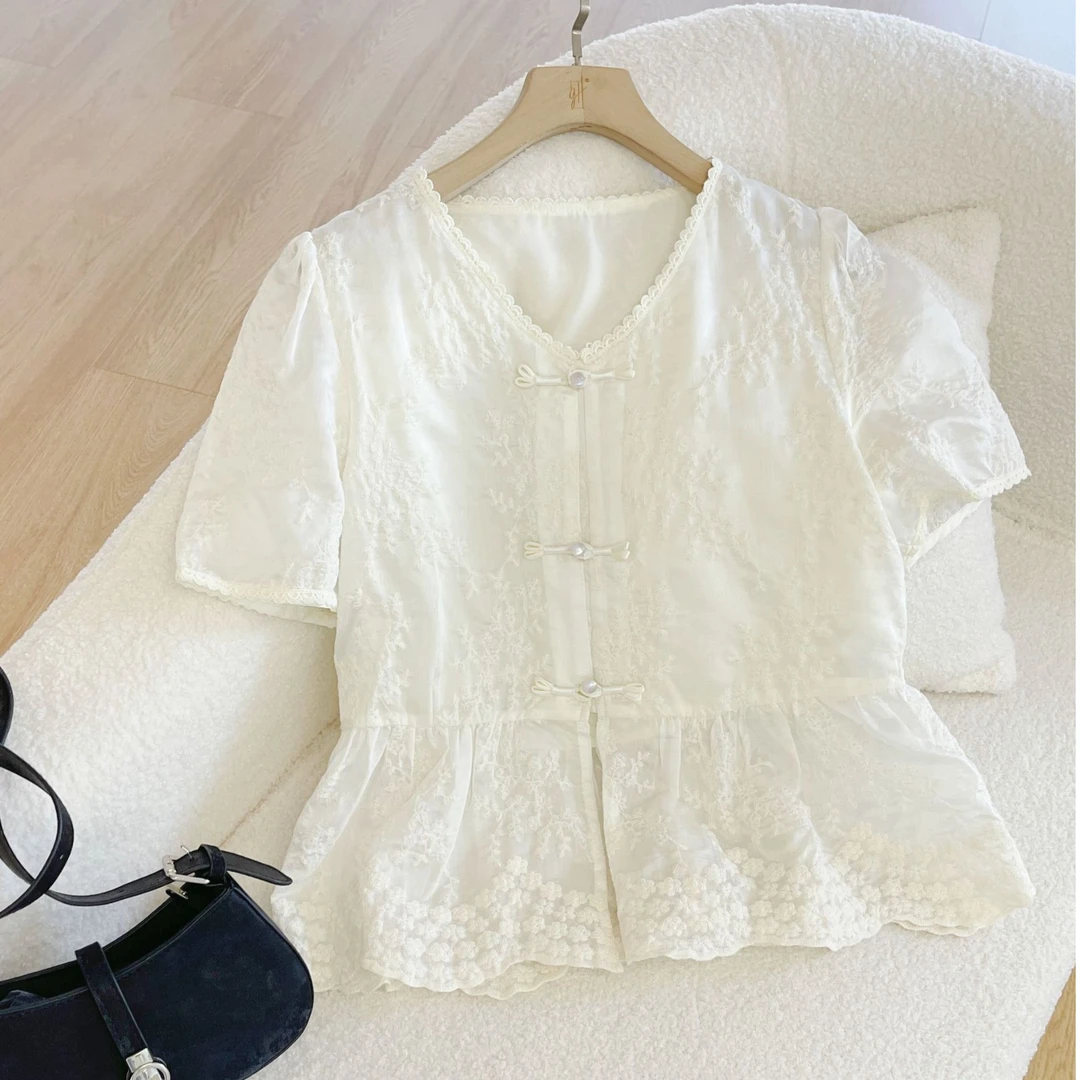 新中式刺绣上衣短袖衬衣V领泡泡袖收腰衬衫宽松薄款气质G28XC1825