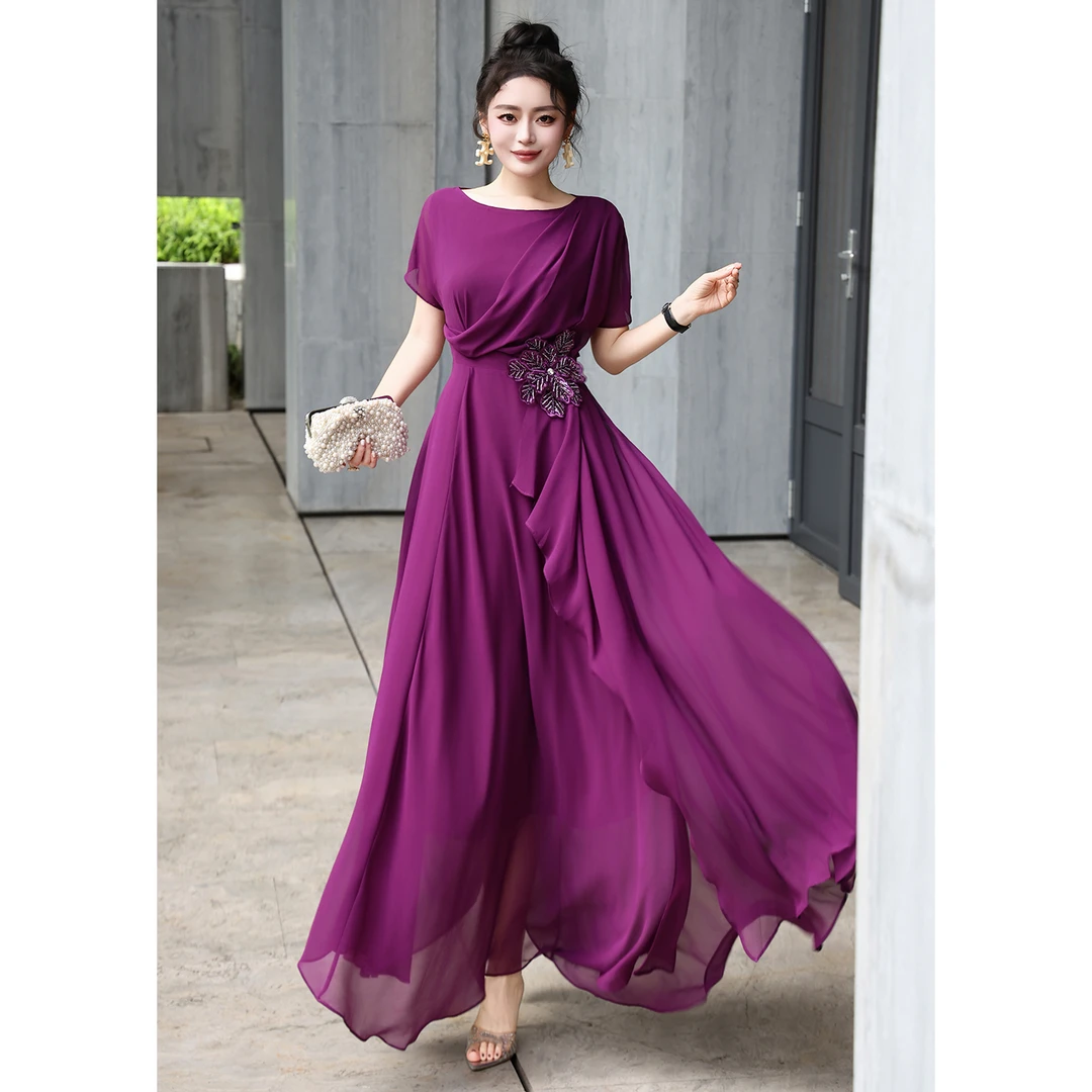 2025夏法式优雅气质高级感订珠花朵收腰大摆礼服度假女长裙连衣裙