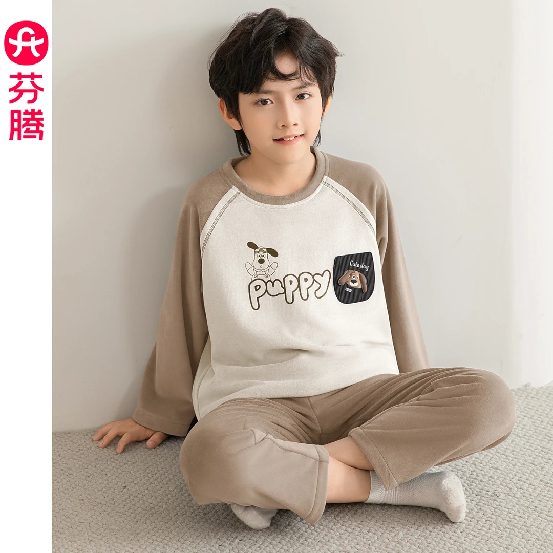 芬腾男童睡衣秋冬海岛绒圆领套装可爱休闲儿童中大童珊瑚绒家居服