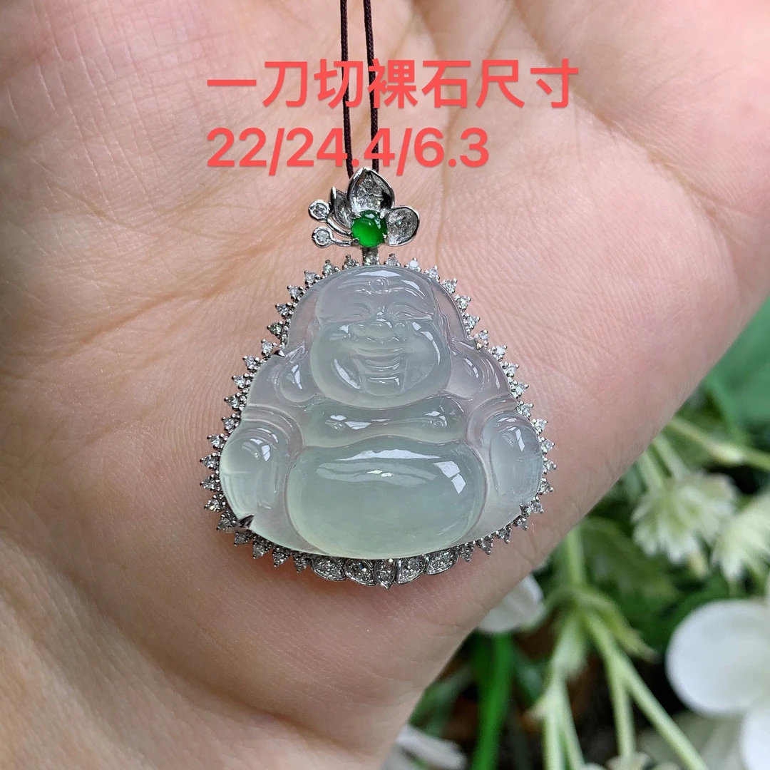 缅甸天然翡翠A货18k一刀切冰种起胶佛公吊坠真尺寸32.3/27.5/8.8m