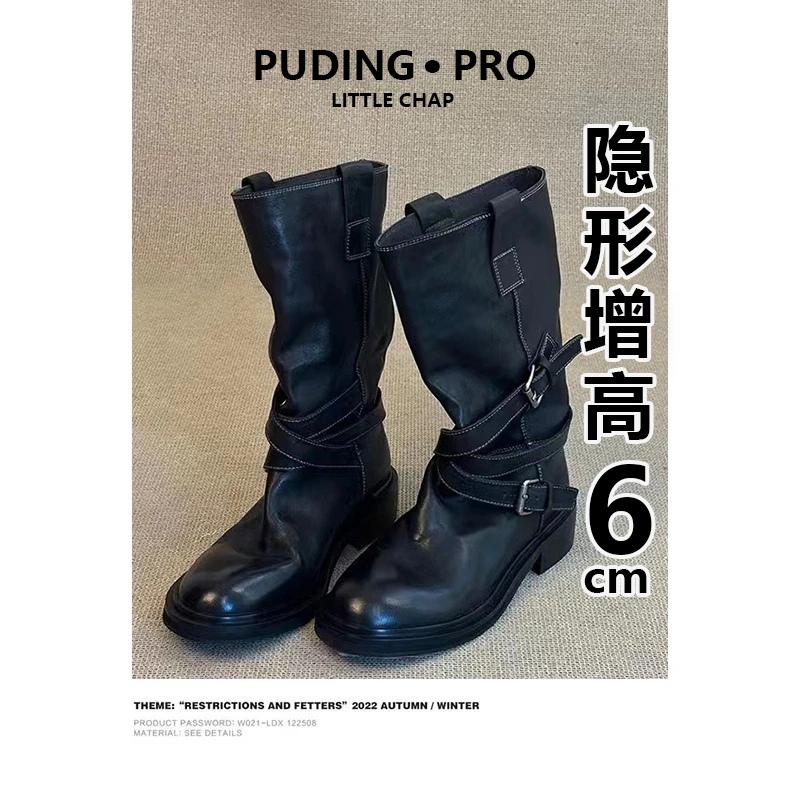 牛皮版~内增高皮带扣中筒靴女骑士靴厚底机车短筒靴褶皱西部靴女