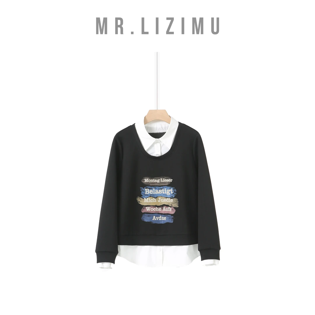 李子木先生时尚卫衣女款爆款2025新款正品字母印花衬衣假两件秋冬