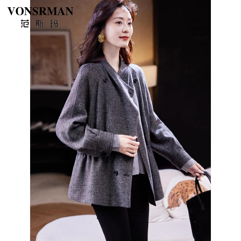 范斯玛双排扣抽绳收腰外套2025秋季气质简约宽松休闲短款大衣女士