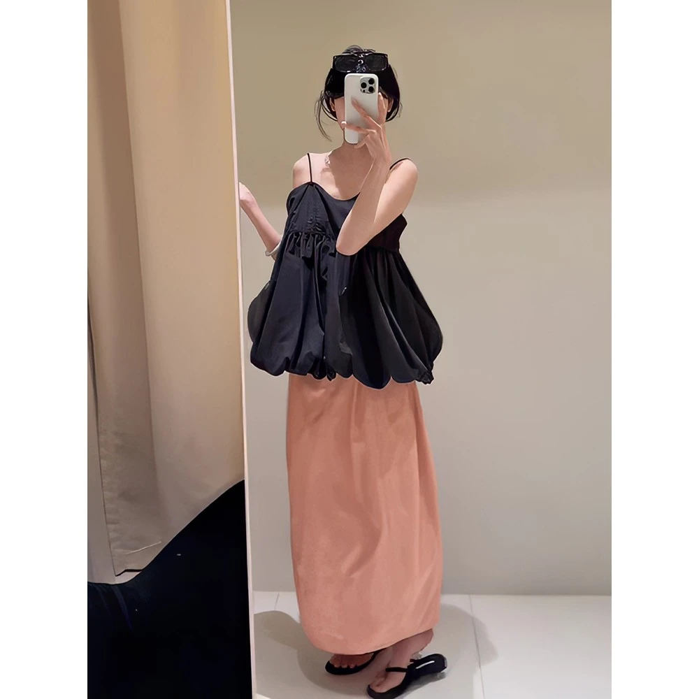 2025夏季新款时尚气质宽松无袖花苞吊带上衣粉色直筒半身裙套装女