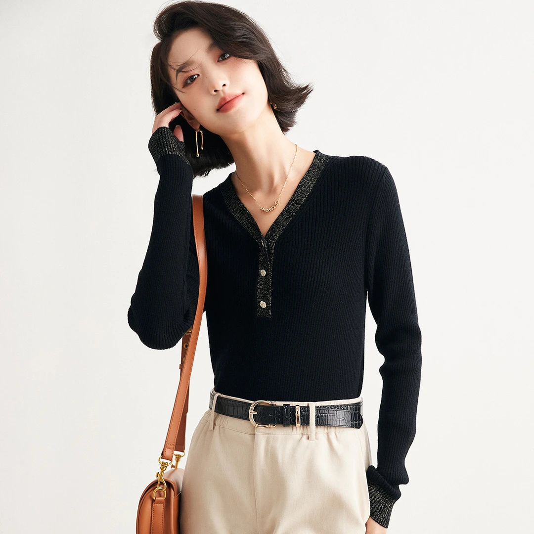 绵羊毛休闲长袖V领纽扣女羊毛衫ET2F9558Y