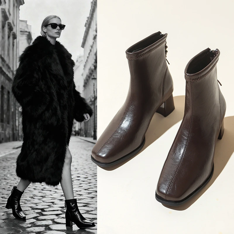 粗跟高跟鞋女2025新款春秋款时尚气质百搭时装靴后拉链马丁靴短靴