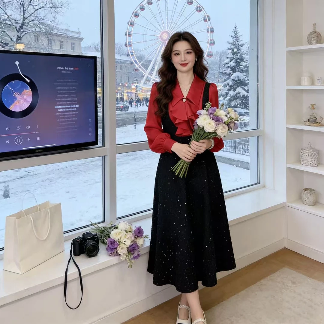 秋冬韩版轻奢时尚名媛气质大码宽松女神减龄连衣裙拼接假两件爆款