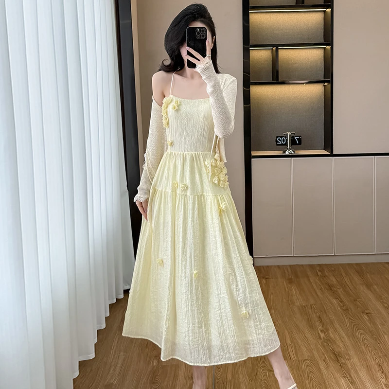YY韩系温柔风花朵吊带连衣裙女夏季新款修身收腰两件套气质长裙SM