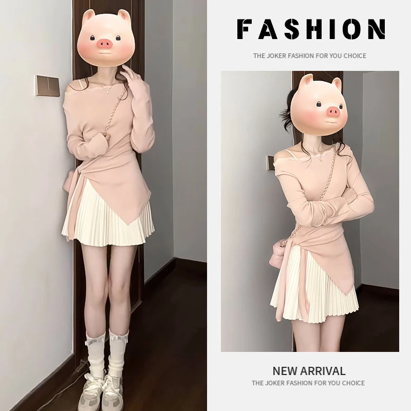 早春时尚穿搭一整套女2025新款设计感修身长袖针织衫百褶裙两件套