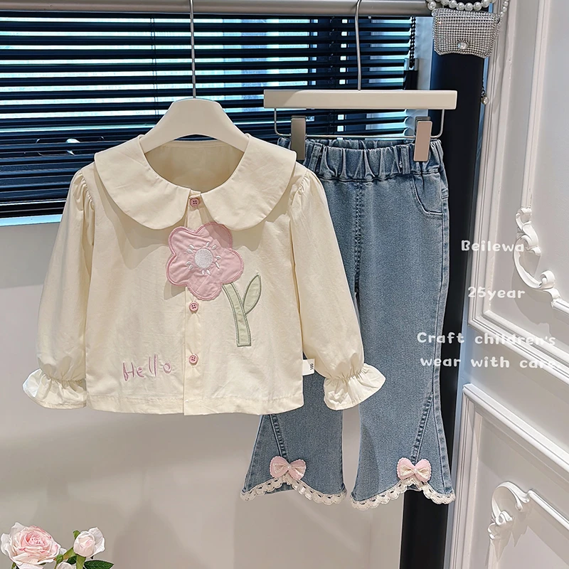 新款女童春秋儿童长袖翻领韩版女宝上衣衬衫洋气儿童衬衣花朵童装