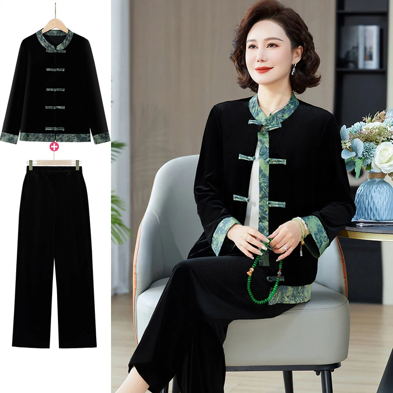 中年妈妈装秋装两件套金丝绒阔太太套装新中式国风春秋中国风女装