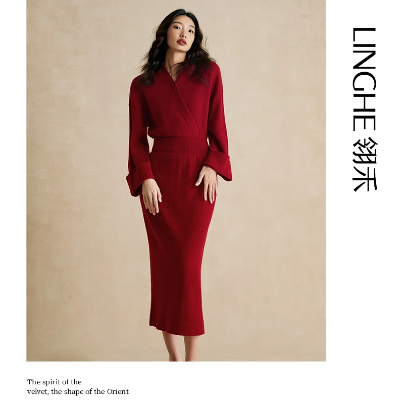 翎禾LINGHE-[木兰] 珠地工艺坑条纹气质羊绒针织连衣