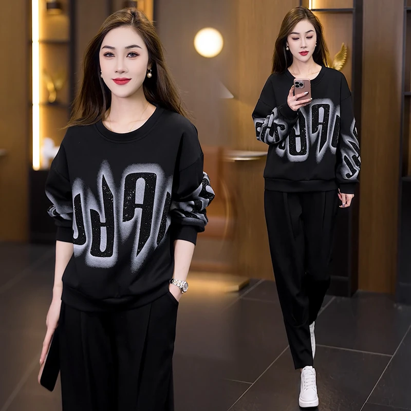 休闲时尚套装2025春季新款设计感字母印花烫钻圆领卫衣裤子两件套