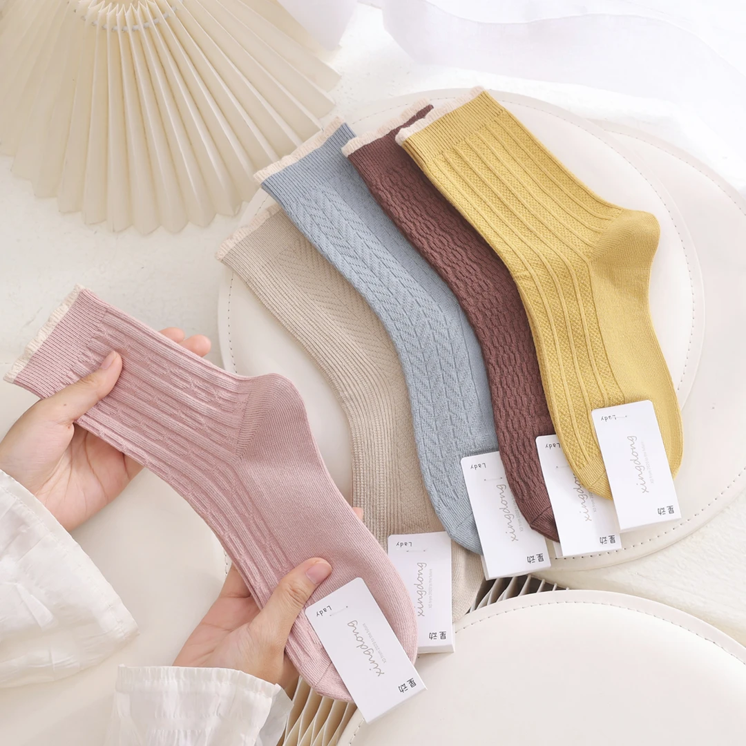 X袜子女花边袜秋冬中筒袜小清新学院风双针棉袜吸汗透气学生袜