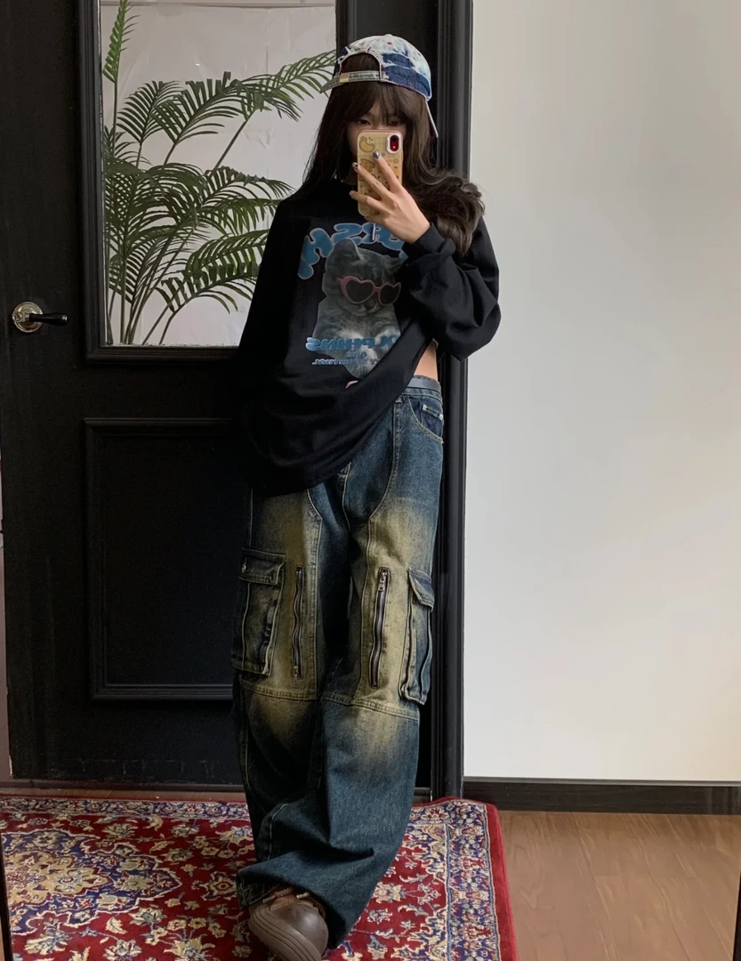 D07#某饱24️⃣九！各大明星同款！350克重磅洗水复古长袖打底牛仔