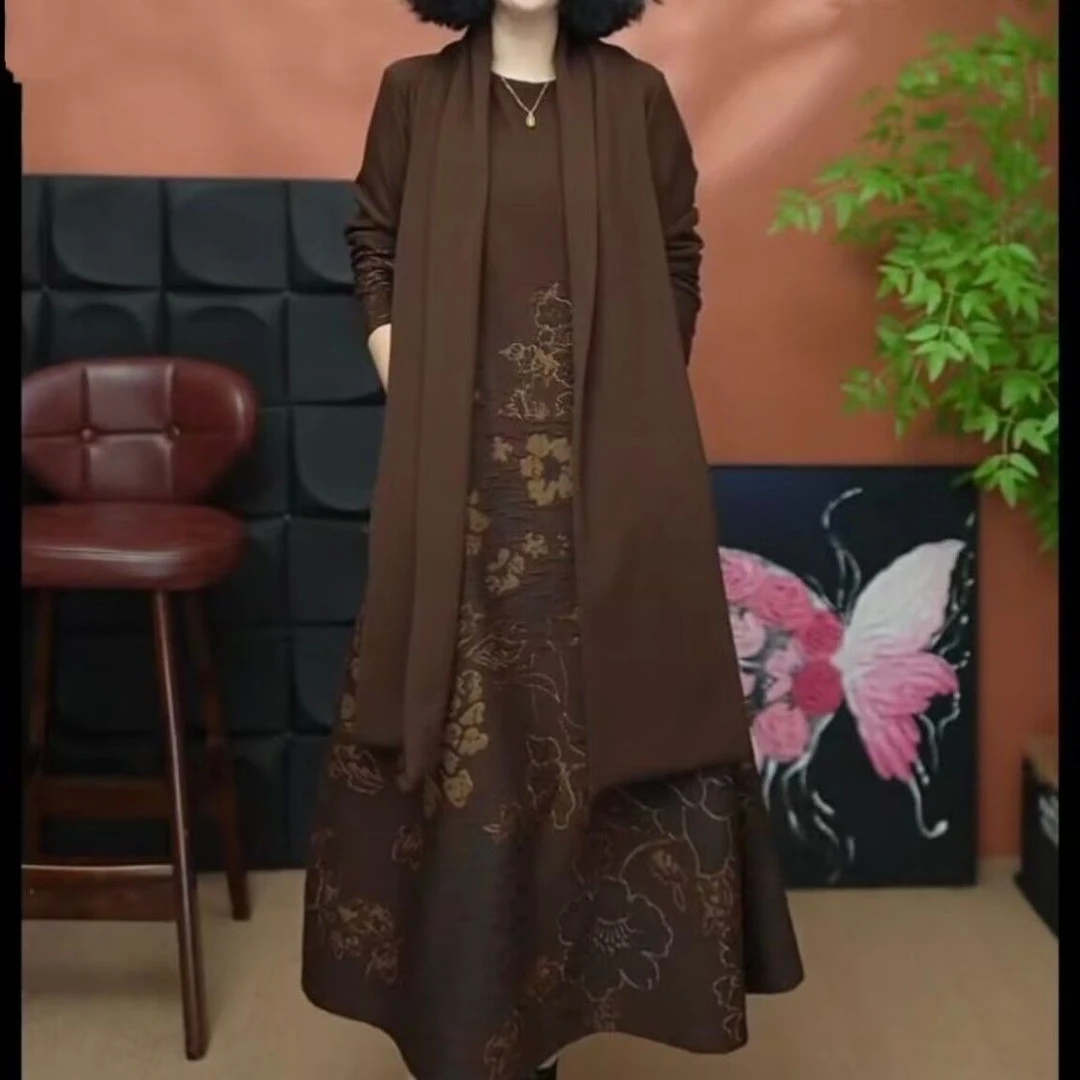 新款春秋时尚洋气提花气质宽松连衣裙显瘦弹力过膝长款裙子送围巾