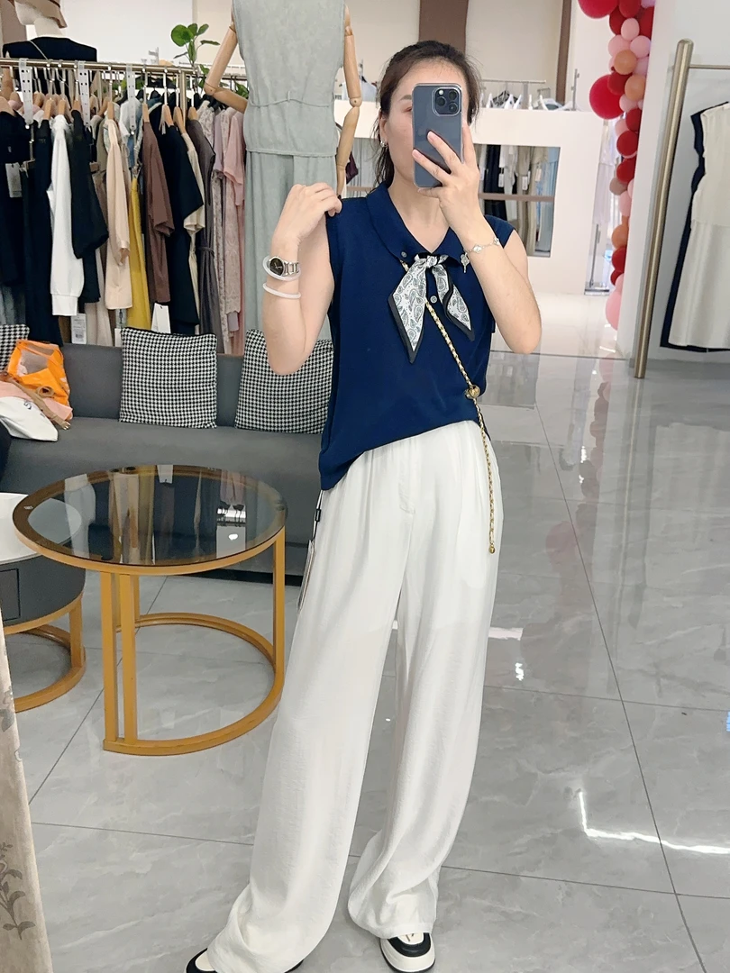 【领宏国际】02685 夏季气质时尚藏蓝色针织衫搭配休闲裤套装