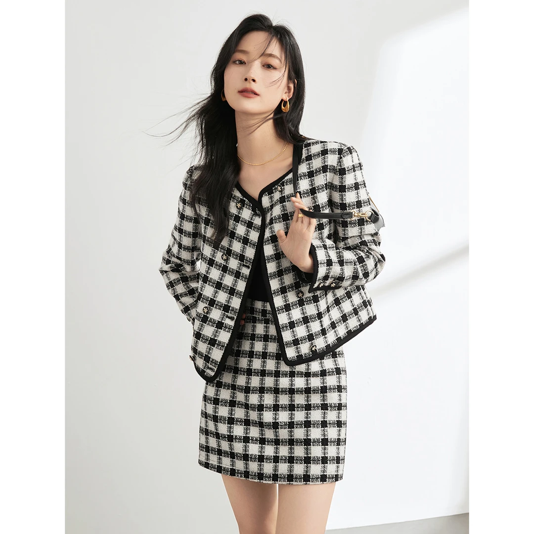 沫晗依美2025秋季气质精致质感百搭小香风格纹半裙套装女7557