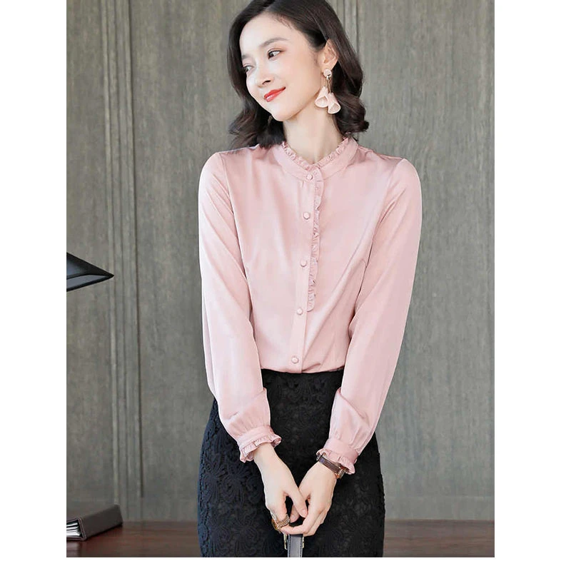 2024秋季新款长袖气质木耳领时尚小衫时尚减龄显瘦重磅衬衫女