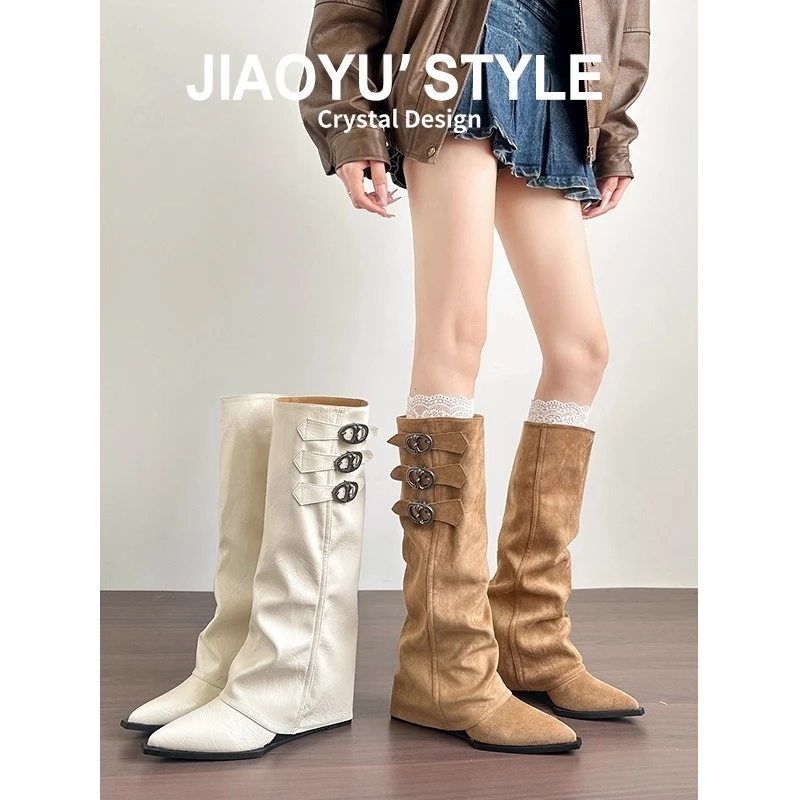 软皮版~尖头坡跟裤管靴女2025秋冬高级感增高骑士靴秋冬长筒靴