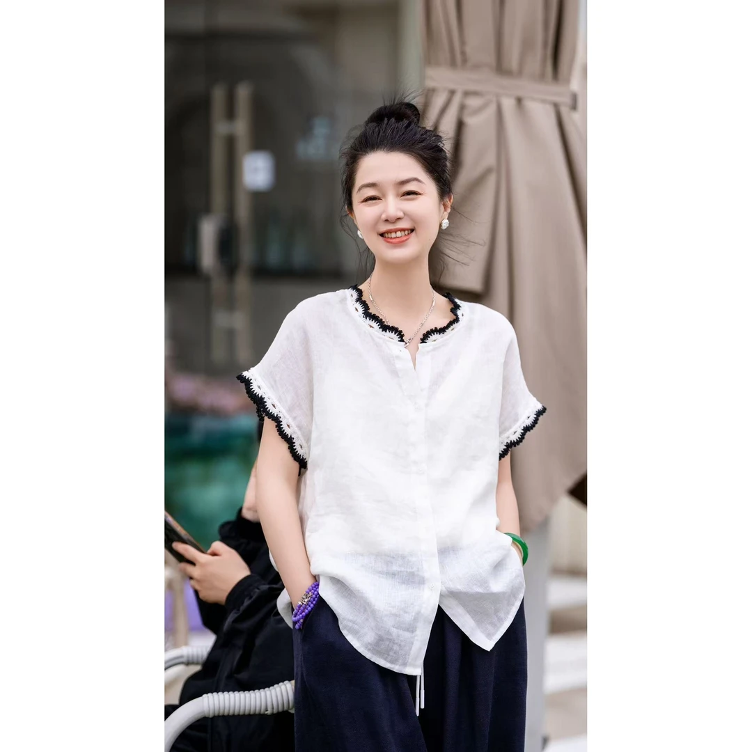 加莉精选漂亮的亚麻短袖-分码