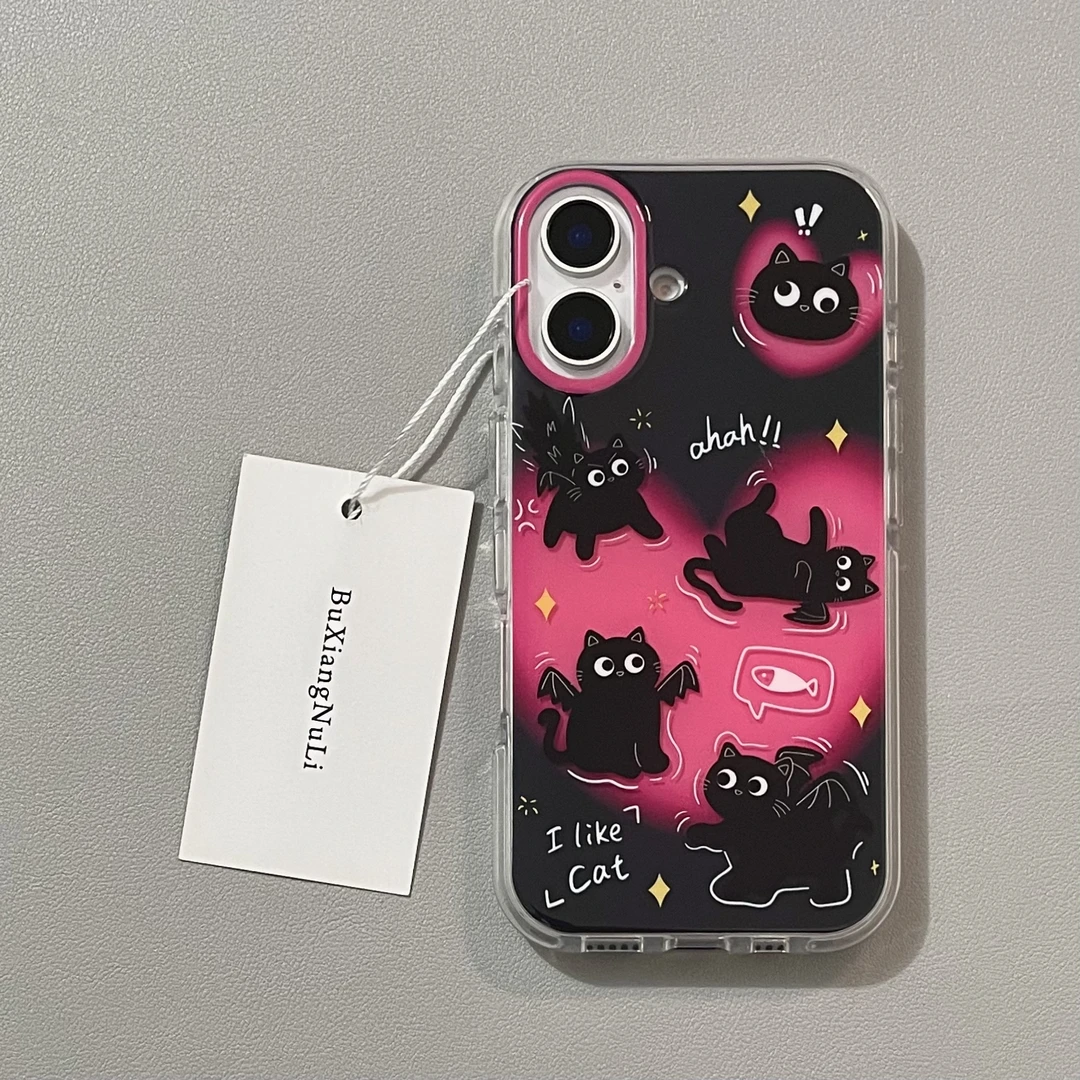 黑底晕染爱心翅膀小黑猫适用苹果16pro手机壳iPhone15全包14/13