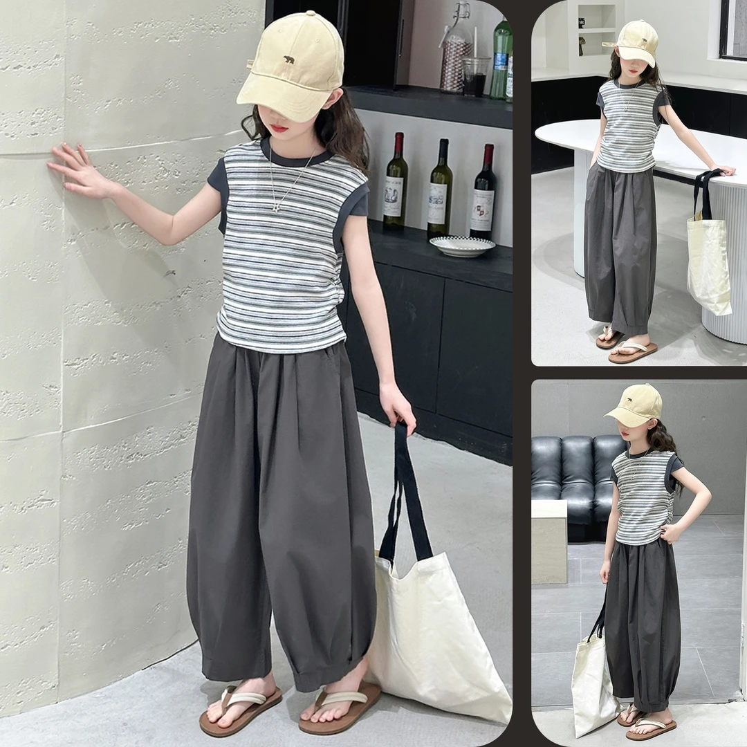 女童条纹背心灯笼阔腿裤套装中大童儿童6-12岁夏季洋气韩版潮款