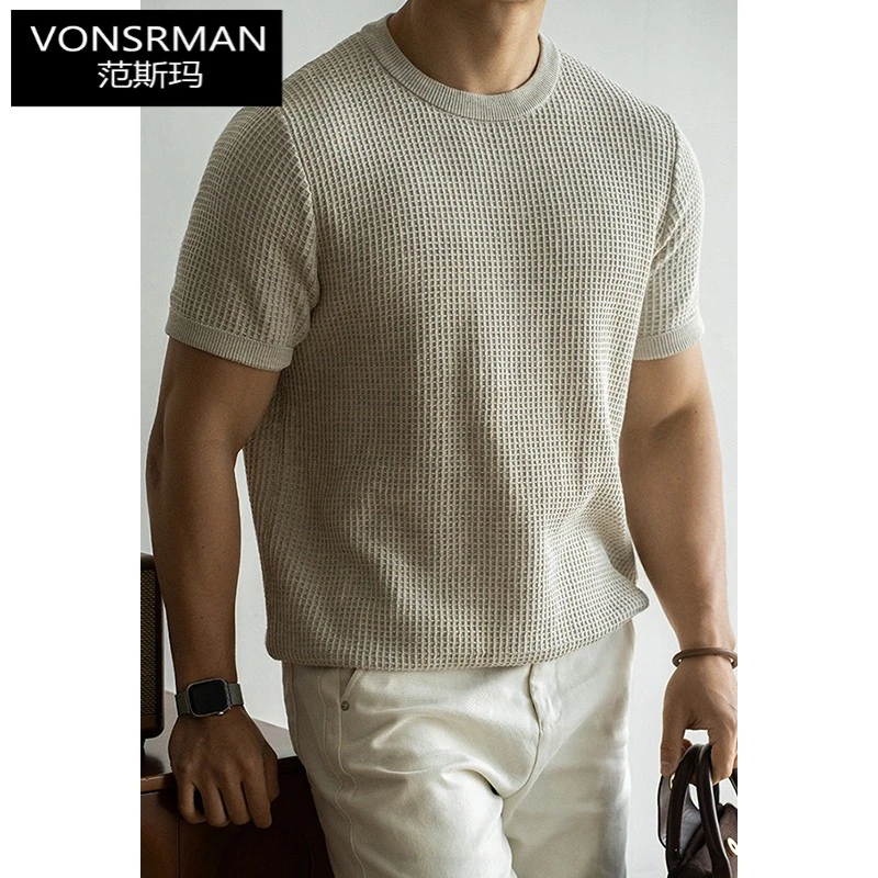 美式复古华夫格垂感圆领短袖T恤男士2025春夏季休闲体恤半袖