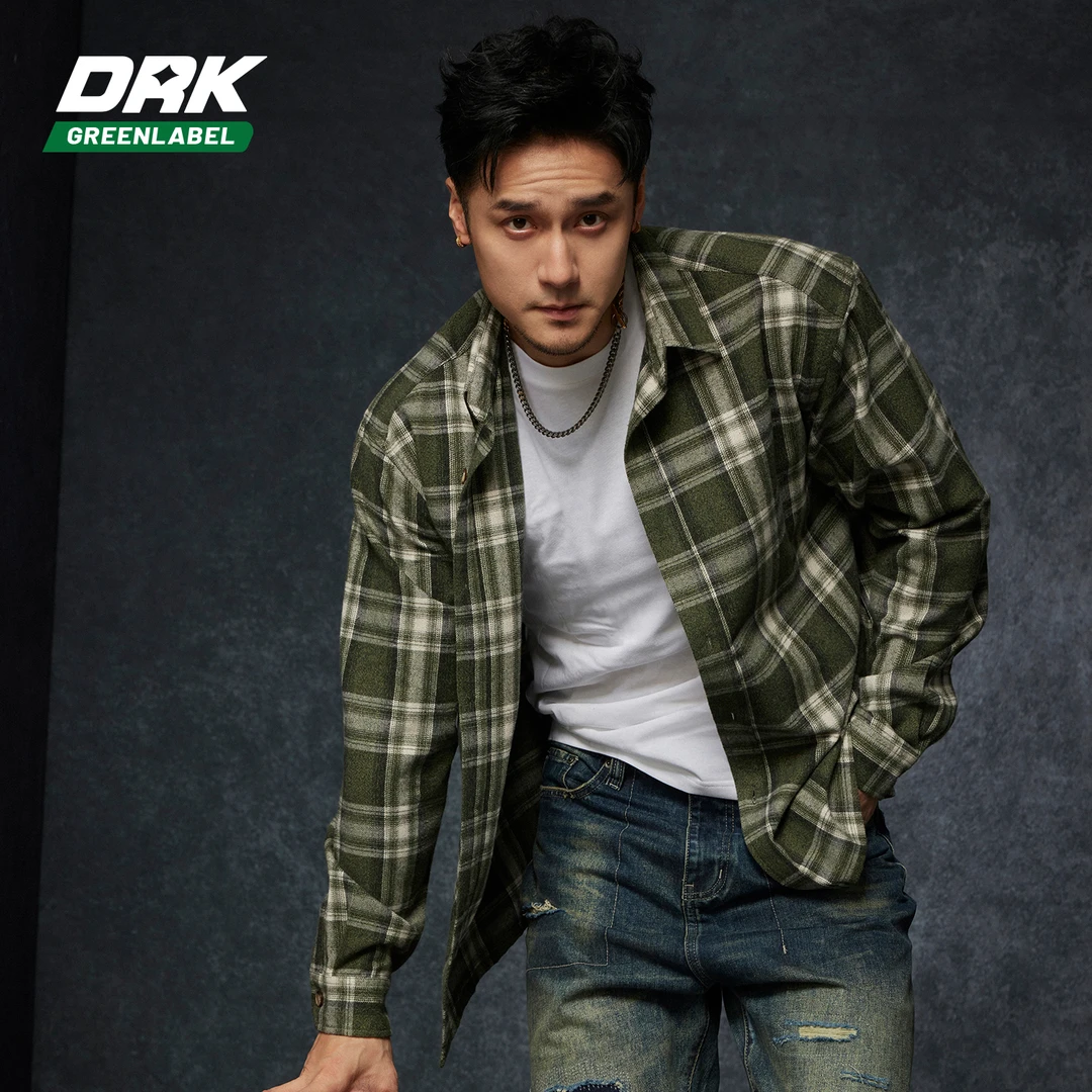 DRK绿标新款双面磨毛绿格纹衬衫男士时尚经典百搭休潮流休闲衬衣