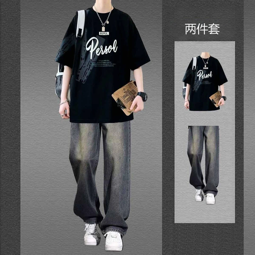 夏季短袖t恤套装男士潮牌上衣搭配直筒牛仔裤男生帅气时尚两件套