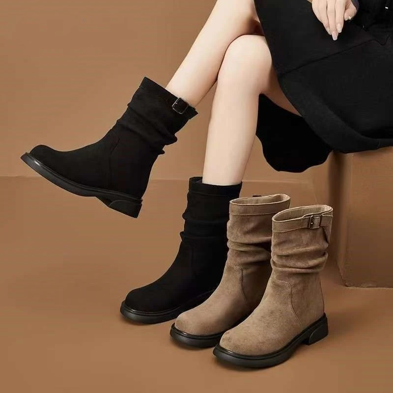 2026春季新款百搭复古粗跟磨砂皮中筒靴堆堆靴子英伦风马丁靴女靴