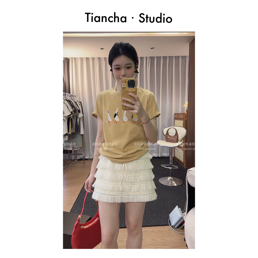sweet c【鸭鸭大队】M395#2025夏季韩版风正肩短袖T恤可爱减龄