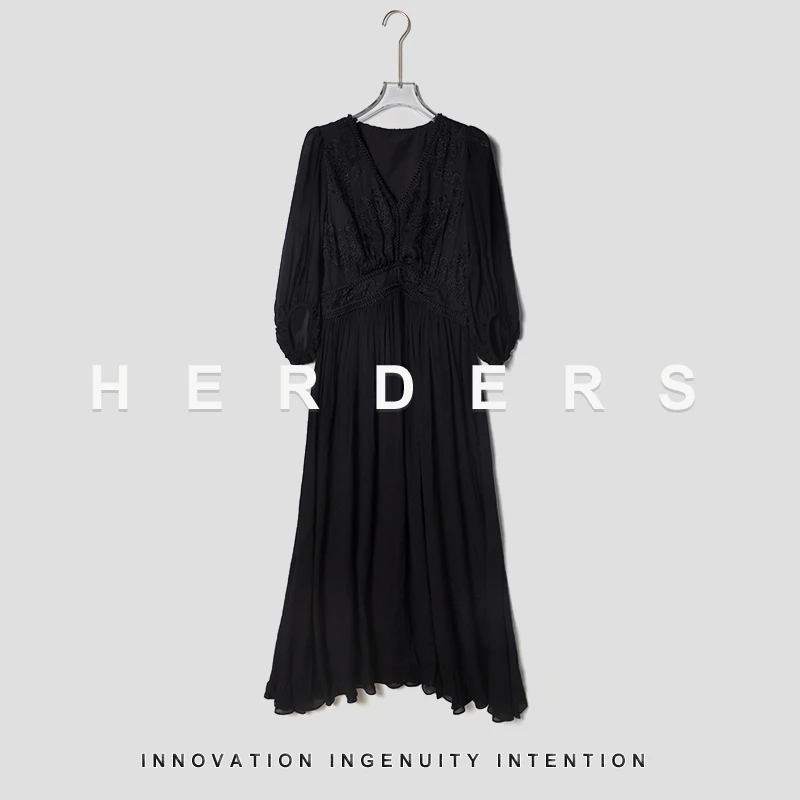 HERDERS 长款V领腰部珠珠连衣群 253615