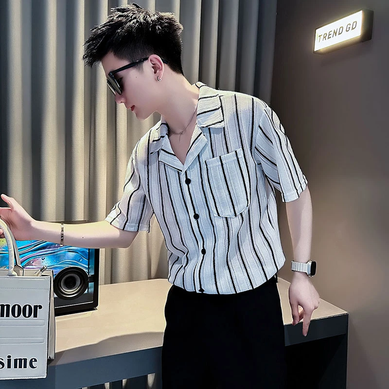 西装领polo衫男短袖t恤夏季新款高级感男装衣服痞帅镂空薄款半袖