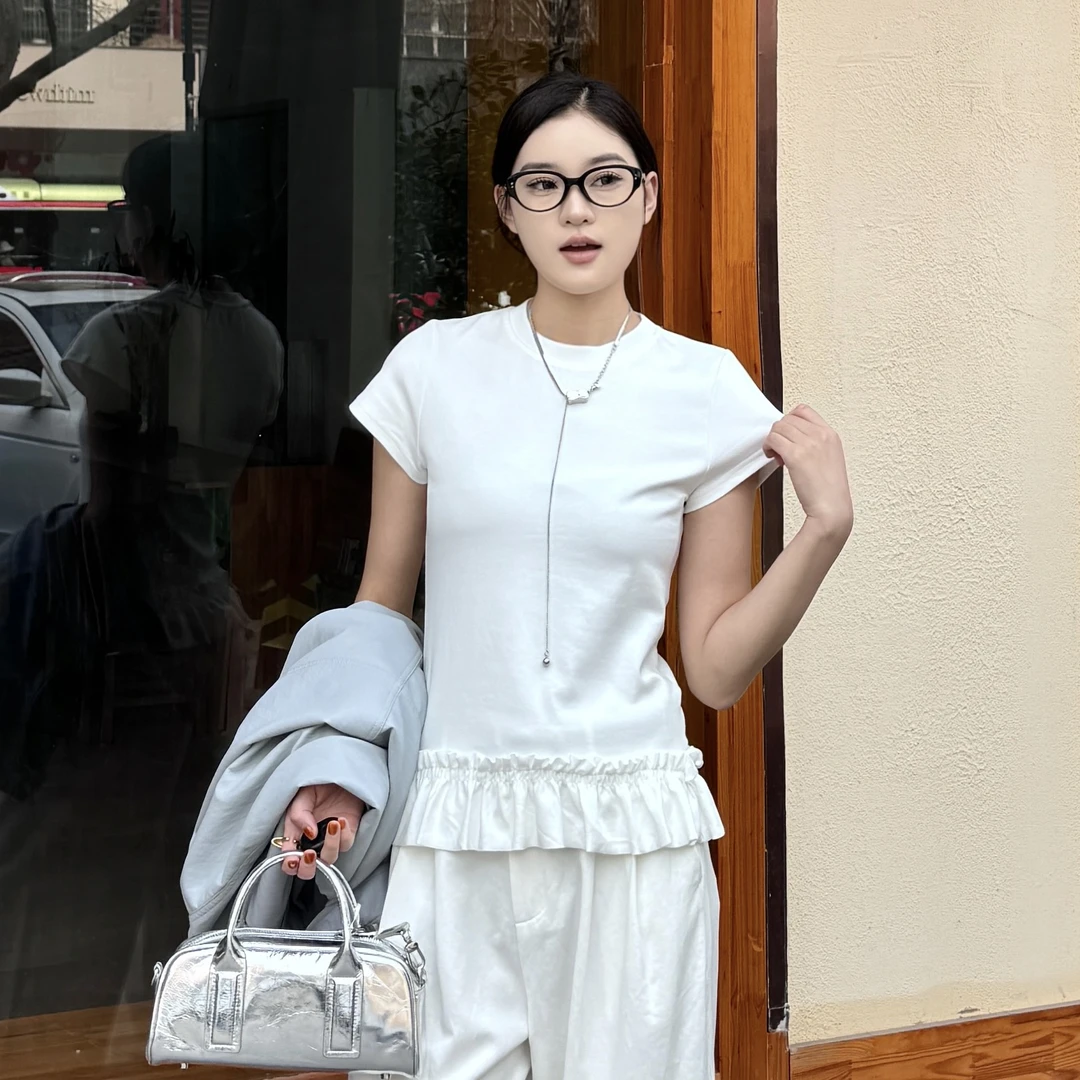 2025春季新款韩系设计感拼接木耳边下摆圆领短袖T恤修身310316