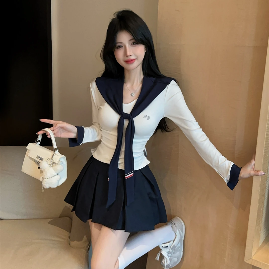 学院风披肩长袖t恤上衣秋冬纯欲辣妹a字百褶裙小众炸街高级感女装