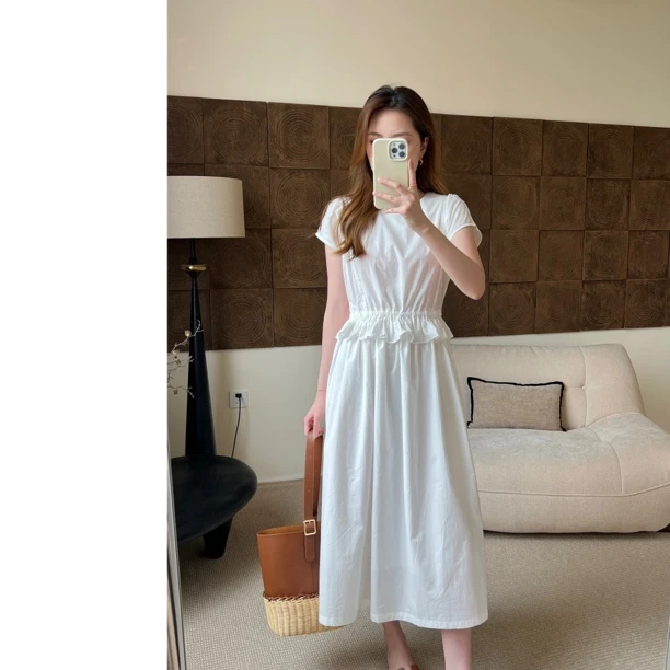 W.M.M腰部荷叶连衣裙/设计感显瘦荷叶边抽绳连衣裙