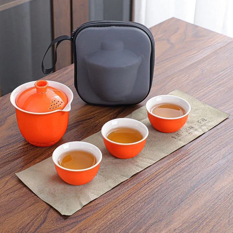 T橙色随身便携式户外泡茶壶快客杯旅行茶具G313