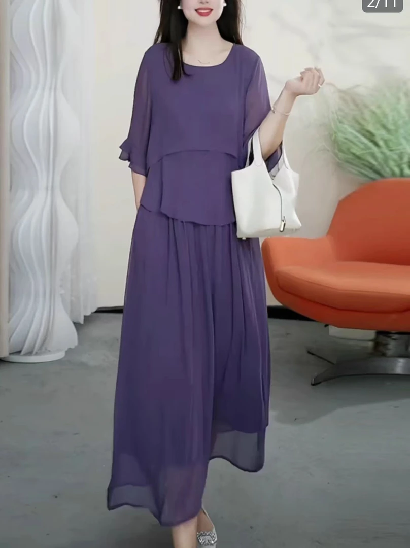 B017-万中长裙高腰套头连衣裙减龄紫色宽松休闲气质夏季女士春夏