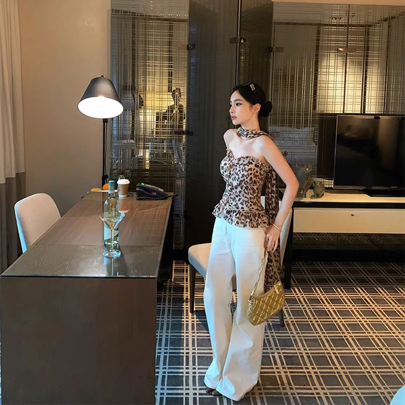 【御辣豹纹】ins美式辣妹纯欲风豹纹背心吊带女配休闲阔腿牛仔裤